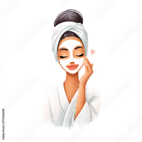 Woman in white robe applying facial mask for skincare routine.