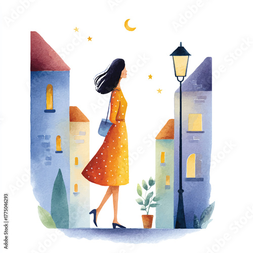 Woman in yellow dress walking through a charming town street at twilight.