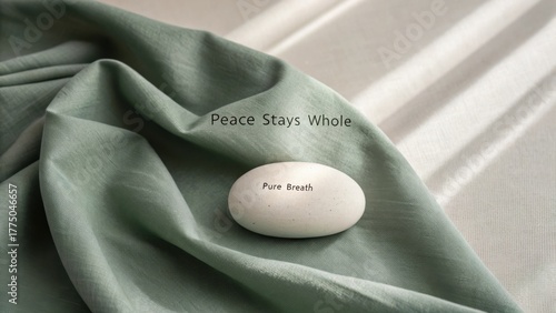 Serene Composition Featuring Smooth Stone on Soft Fabric with Text Overlay for Calmness and Mindfulness Promotion