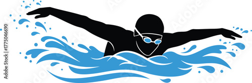 Silhouette swimmer freestyle stroke dynamic water splash sport activity vector
