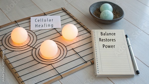 Spiritual wellness concept with glowing orbs, healing notes, and calming stones for balance and energy restoration