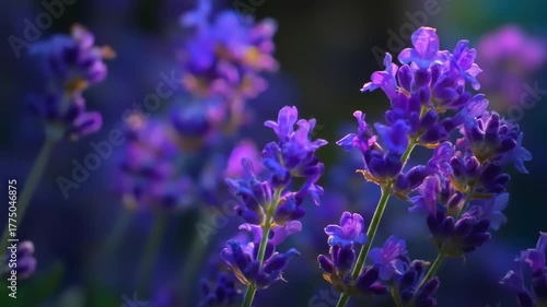 Vibrant purple lavender blossoms in soft focus, bathed in glowing sunlight.