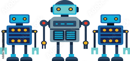 Three charming, friendly robots standing together in a clean, modern design, perfect for tech and innovation concepts.