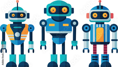 Three modern, friendly robots standing together showcasing innovative technology and futuristic design for your next project