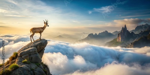 Serene Antelope on Mountain Peak Above a Sea of Clouds at Sunrise