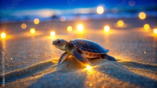 A baby sea turtle makes its way across the warm sand towards the ocean under a twilight sky, illuminated by soft glowing lights.