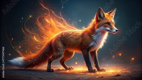 A Majestic Red Fox Illuminated by a Glowing, Fiery Tail, Embodying Enchantment and Mystery