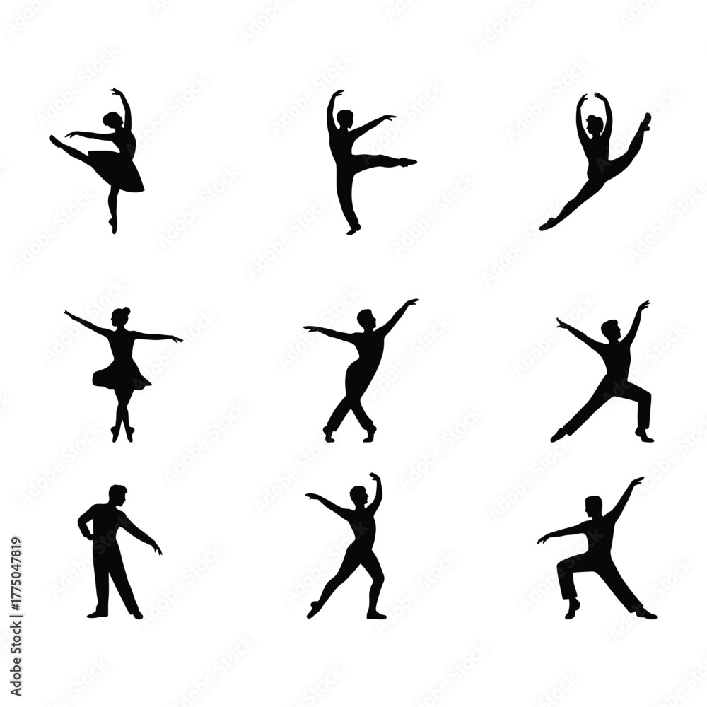 Fototapeta premium dancing icon set. Collection of silhouettes of dancers in various ballet poses and movements on a white background