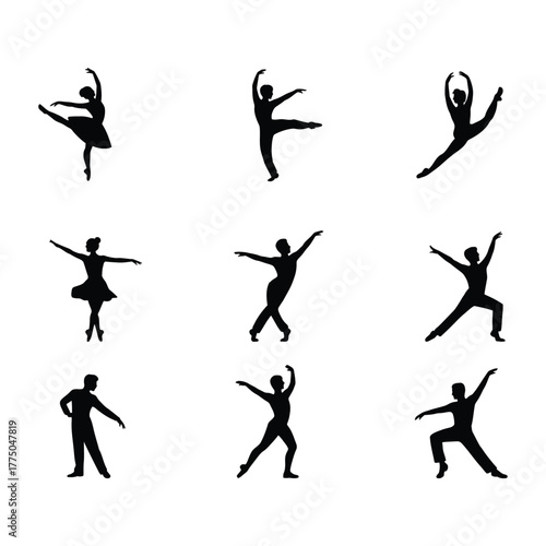 dancing icon set. Collection of silhouettes of dancers in various ballet poses and movements on a white background