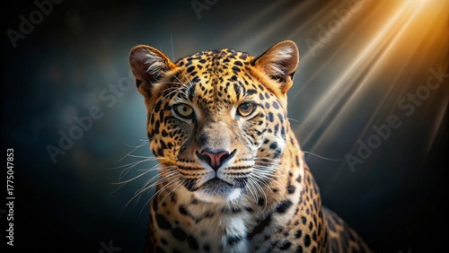 Majestic Leopard Portrait A Close-Up View of a Wild Cat's Intense Gaze, Illuminated by a Dramatic Spotlight
