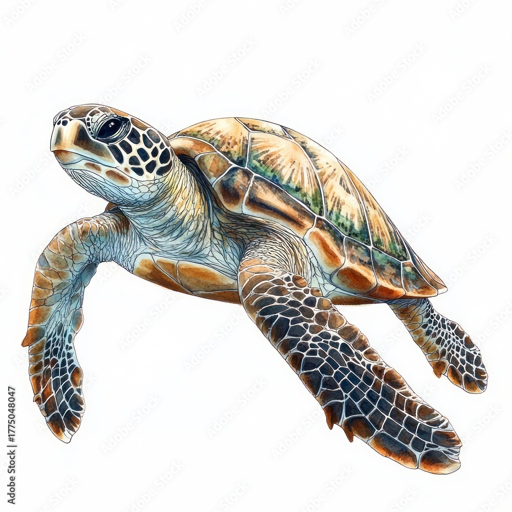 Fototapeta premium Detailed close-up of a sea turtle swimming with patterned shell and flippers against a plain white background, evoking calm and natural beauty