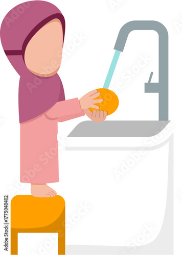 Hijab Girl Washing Dishes At Sink