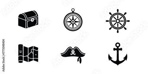 adventure icon. Collection of six classic pirate adventure icons including treasure chest compass ship wheel map hat and anchor
