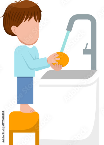 Little Boy Washing Dishes At Sink