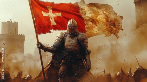 Medieval knight in full armor holding a tattered red flag with a white cross standing amidst battlefield smoke and soldiers with castle towers in the background