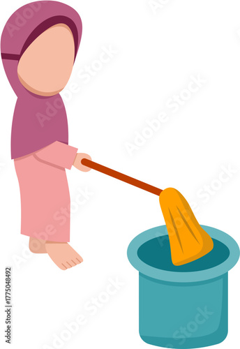Hijab Girl Mopping Floor Illustration