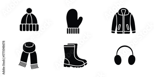 Cloths icon set. Collection of six black winter clothing and accessory icons on a white background