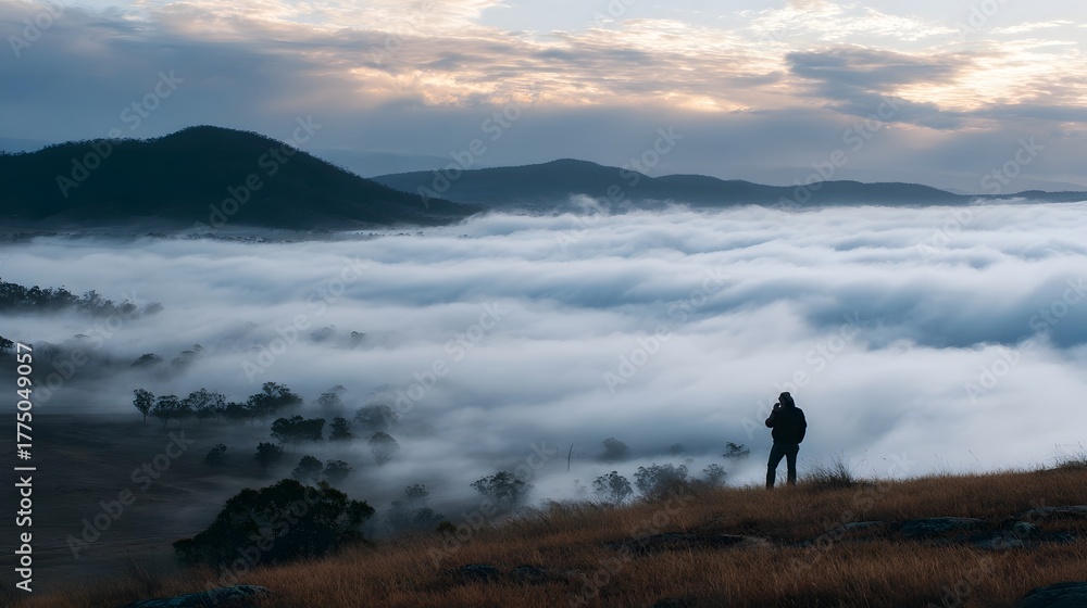 Fototapeta premium A lone photographer stands on a grassy hill observing a vast expanse of fog rolling through a mountain valley at dawn