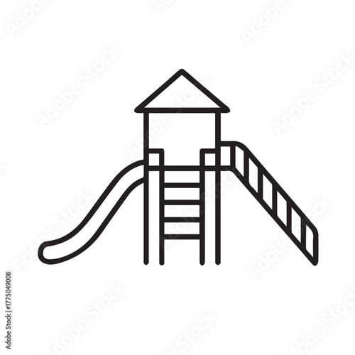 Minimalist black and white vector of a playground slide icon, symbolizing childhood joy, activity, and playtime in a modern, clean, and simple graphic style.