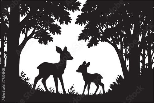 Vector silhouette showing a mother deer and her young fawn in a peaceful forest scene, expressing nature’s tenderness, protection, and the calm rhythm of wildlife.