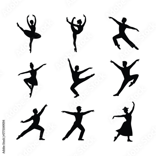 dancing silhouette icon set. Collection of nine black silhouettes of ballet dancers in various graceful poses against a white background. set of dancing icon set.