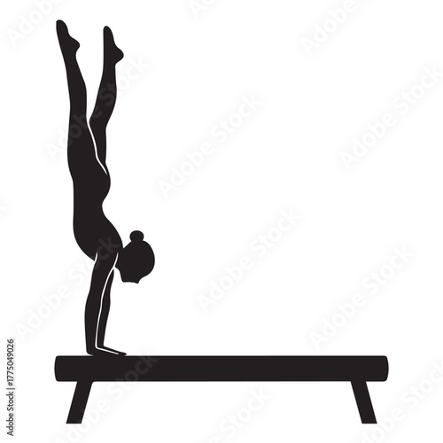 Black silhouette vector of a professional gymnast performing a perfect handstand on a balance beam, showcasing strength, grace, and control in a minimalist athletic composition.