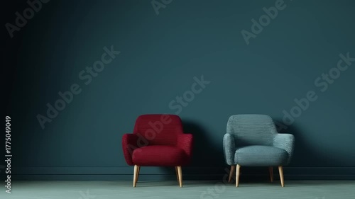 Two stylish armchairs in a teal-colored room, evoking a sense of modern elegance.