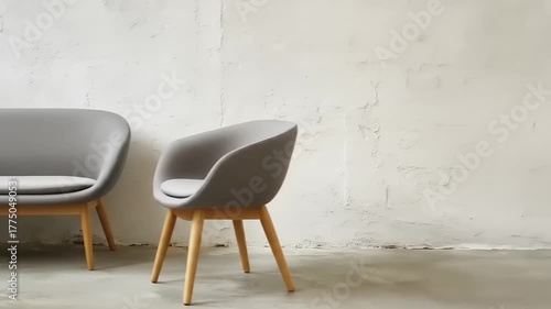 Two modern, light gray upholstered armchairs and a sofa with light wooden legs, set against a textured white wall.