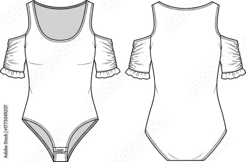 Vector fashion flat sketch of women’s cold shoulder bodysuit with scoop neckline, ruffled short sleeves, snap closure, high cut design front back