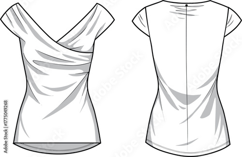 Vector fashion illustration of women’s asymmetrical draped top with short sleeves, curved hemline, front crossover neckline, back button closure