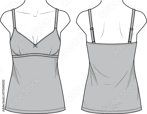 Vector fashion illustration of women’s camisole top front and back view with adjustable straps, V neckline, bow, gathered bust, stitching details