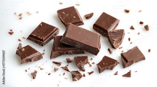 Scattered pieces of broken chocolate bars on a white surface evoking a sense of indulgence and casual snacking