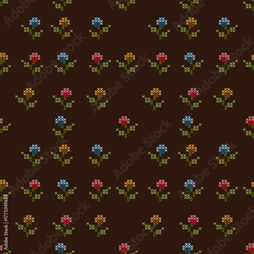 Flowers cross stitch ethnic embroidery pixel art abstract artwork seamless geometric pattern printed background fabric wallpaper hand drawn line vintage classic