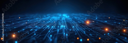Close-up view of an abstract glowing digital circuit board with interconnected blue lines and bright orange and blue lights creating a futuristic technology pattern