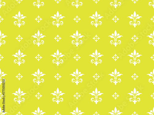 Wallpaper in the style of Baroque. White and yellow floral ornament. Seamless vector background. Graphic pattern for fabric, wallpaper, packaging. Ornate Damask flower illustration