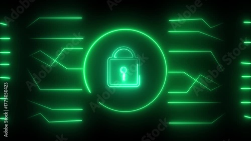 Green Neon Padlock and Circuitry Graphics on Dark Background glow. High-tech glowing green padlock with circuit graphics, showcasing secure systems and cyber protection.