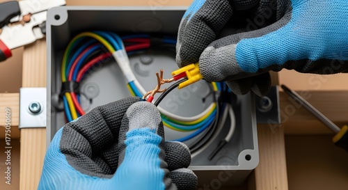 Professional Electrician's Hands in Safety Gloves Connecting Multi-Colored Wires in a Junction Box during Electrical Installation or Repair