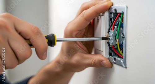 Skilled hands of an electrician tightening screws on an electrical wall switch during installation or repair, showcasing wiring.