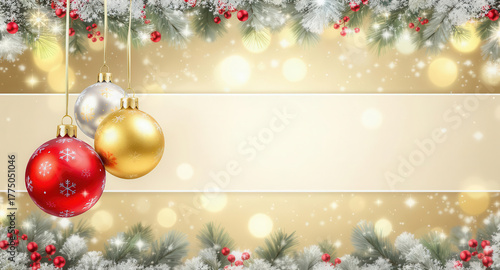 Sfondo natalizio con palline rosse dorate e argentate tra rami innevati. Generative AI 