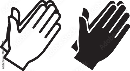 Two stylized hands clapping, one in outline and one in solid black silhouette, symbolizing applause, approval, and celebration. isolated on white background, Vector, illustration