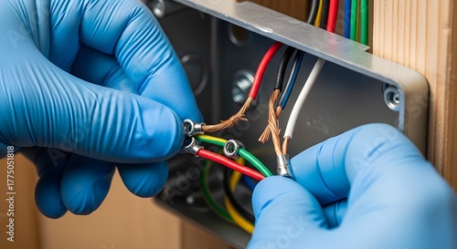 Professional electrician's gloved hands safely connecting multi-colored electrical wires in a metal junction box during installation