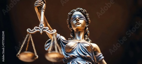 close-up of bronze statue of blindfolded woman holding balanced scales symbolizing justice and fairness against dark background