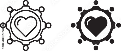 Heart symbol in a circular gear shape with surrounding dots, representing love and community connection. isolated on white background, Vector, illustration