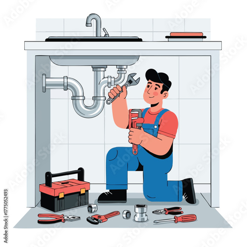 A cheerful plumber, equipped with tools, repairs the plumbing under a kitchen sink, ensuring a functional and leak-free system for the homeowner.