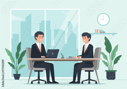 Two businessmen in suits having a meeting at a desk inside an office with a city view.