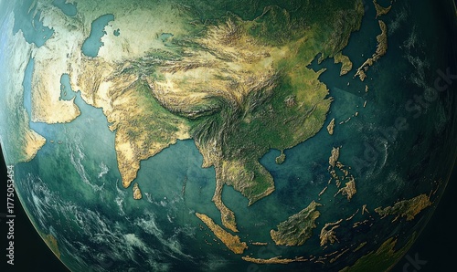 Detailed 3D globe view showing the continent of Asia including countries like India, China, Southeast Asia, and surrounding oceans under natural lighting with textured land elevations