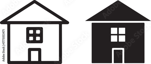 Simple line art house icon and solid silhouette of a house side by side, representing real estate and home ownership concepts isolated on white background, Vector, illustration