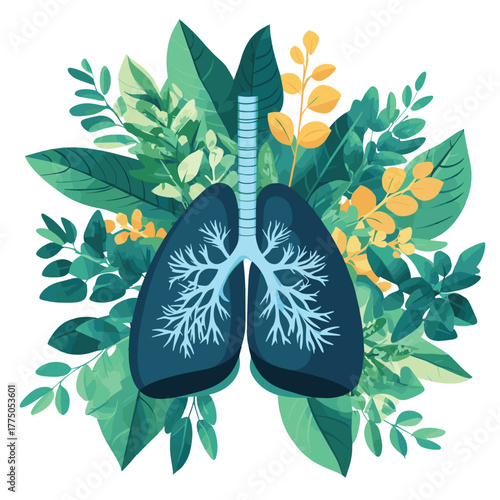 Human lung illustration surrounded by vibrant green leaves concept   , vector style simple color