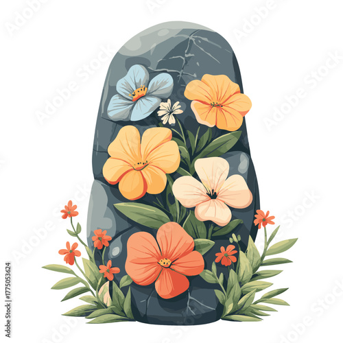 Memorial stone adorned with vibrant flowers, a symbol of remembrance and eternal peace   , vector style simple color