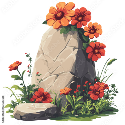 Memorial stone adorned with vibrant flowers, a symbol of remembrance and eternal peace   , vector style simple color